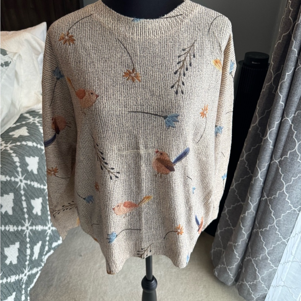 Beige Sweater with Floral and Bird Accents
